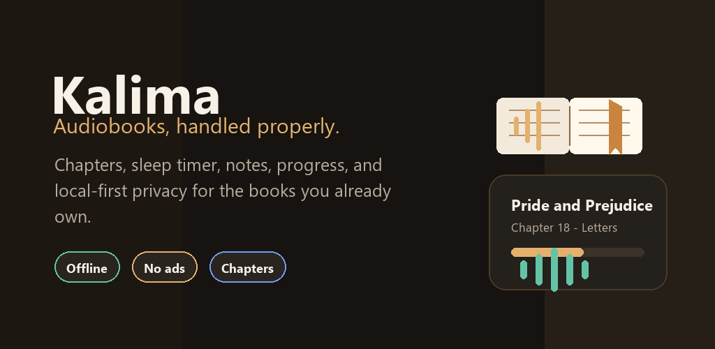 Kalima feature graphic showing audiobook playback controls
